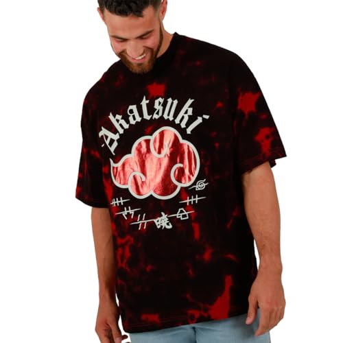 Naruto Akatsuki Cloud Crew Neck Short Sleeve Oversized Drop Shoulder Red & Black Cloud Wash Men's T-Shirt-XL