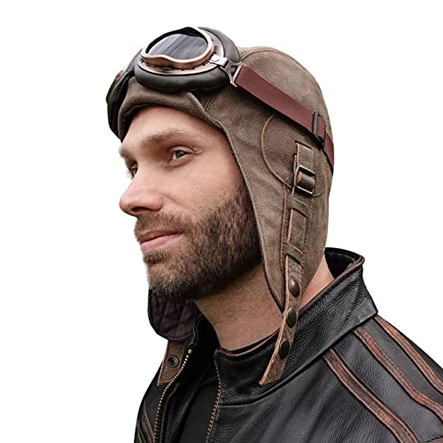 Leather Aviator Hat, Real Vintage Brown Leather Helmet, Pilot Cap, Men/Women, Simon Model (XLarge, Hat with Goggles)