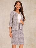 Allegra K Women's 2 Piece Tweed Business Suit Button Down 3/4 Sleeve Jacket Pencil Skirt Elegant Skirt Set Medium Pink