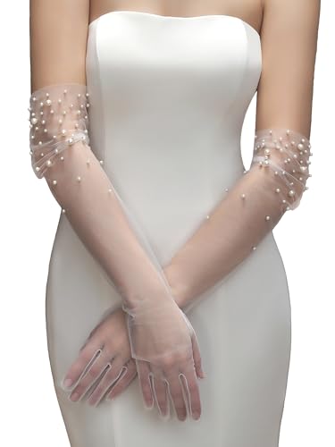 YAEISM Long Pearl Wedding Gloves White Bridal Gloves Sheer Silk Tulle Long Bridal Sleeves for Women Wedding Party Dresses