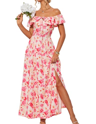 Women's Maxi Dresses Ruffle Off Shoulder A Line Corset Sundress Beach Long Maxi Outfits Pink Yellow XL