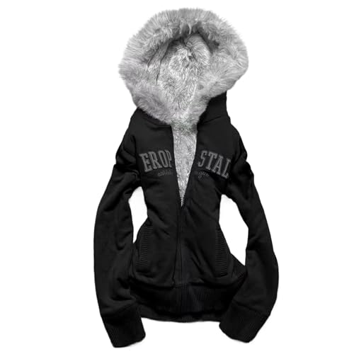 MANGMAO Y2k Zip up Hoodie Fur Jacket Emo Fairy Grunge Crop Winter Coats Teen 2000s Vintage Clothes Women Streetwear (Black Grey,Medium)