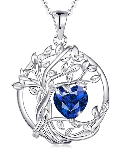 FANCIME Tree of life Birthstone Necklace for Women Sterling Silver Tree Jewelry Sapphire Pendant September Birthday Blue Gemstone Anniversary Christmas Gifts for Girlfriend Wife Mom Her