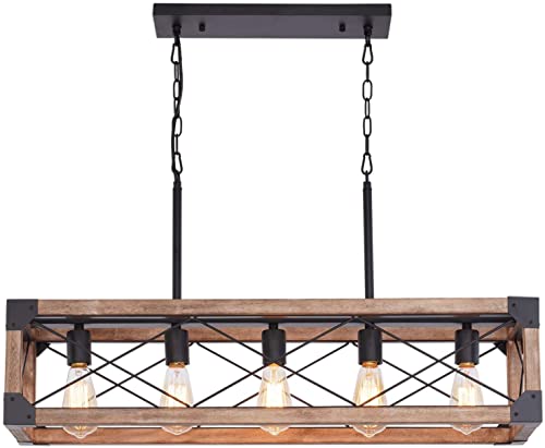 Bribyit Farmhouse Kitchen Island Lighting, 5-Light Dining Room Light Fixture, Farmhouse Linear Chandelier with Solid Wood for Dining Room Kitchen Bar Pool Table