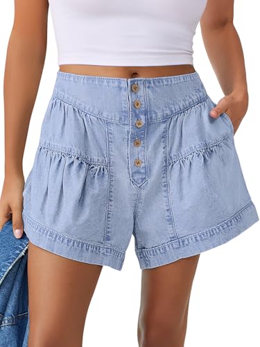 ANRABESS Women's Denim Shorts Summer Baggy High Waisted Flowy Wide Leg Buttons Pleated Casual Jean Shorts 2025 Fashion Skorts Light Blue Large