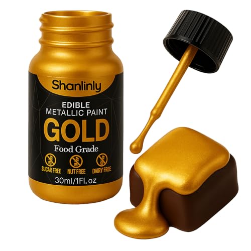 Shanlinly Gold Edible Luster Dust - 30ml Liquid Edible Cake Paint Gold Metallic Food Coloring, Perfect for Art Decorative Shimmer Cake Decorating, Cookies,Cupcakes,Cocktails,Wedding,Birthday