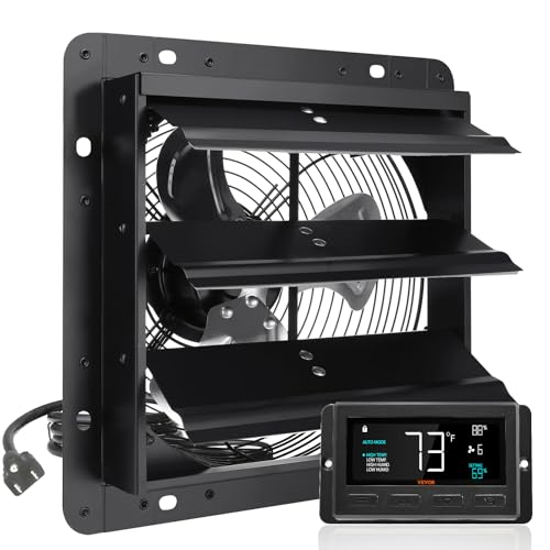 VEVOR Shutter Exhaust Fan, 10'' Wall Mount Attic Fan with Temperature Humidity Controller, 820 CFM, 10-Speed Adjustable, Ventilation and Cooling for Greenhouses, Garages, Chicken Coops, ETL Listed