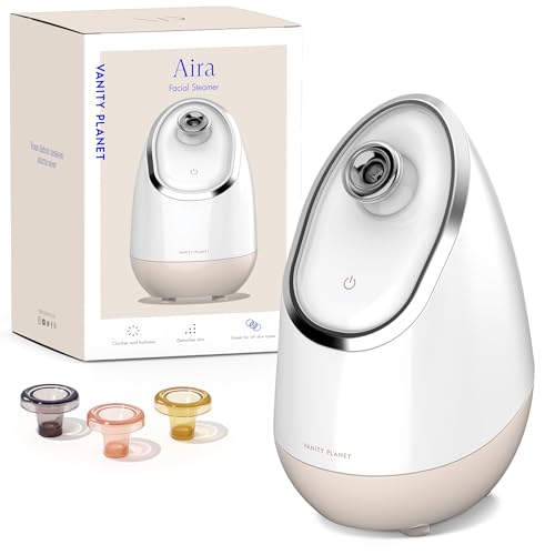 Vanity Planet Aira Ionic Facial Steamer (Beige) - Pore Cleaner That Detoxifies, Cleanses and Moisturizes - Adjustable Nozzle, Water Tank with 3 Essential Oil Baskets