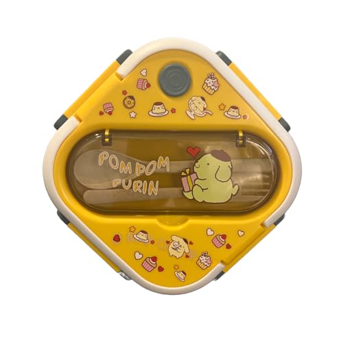hombäde Bento Lunch Box Container Set with 3 Compartments Portable Personal Sealed Plastic Utensils Food Container Cute Kawaii Anime Kitty Bunny Dog (Yellow Pom Pom)