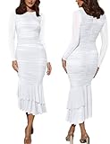 Atizon Elegant Ruched Bodycon Evening Dresses for Women Cocktail Party Formal Maxi Mermaid Dress White