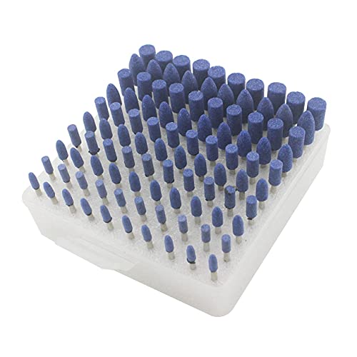 Luo ke 100 Pcs Grinding Stones Set, 1/8 Inch Shank Abrasive Stone Mounted Sharpening Bits Grinding Stones for Rotary Tools (Blue)