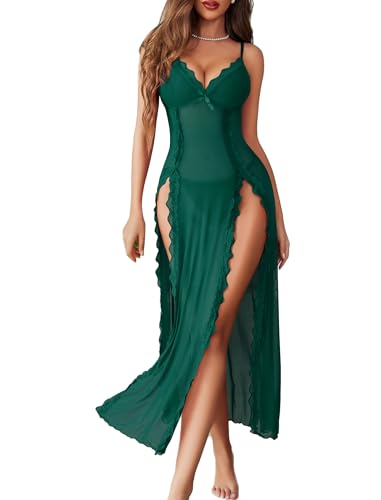 Avidlove Lingerie for Women Lace Babydoll V Neck Chemise Mesh Nightwear Sexy Long gown Lingerie Sheer Nightdress(Dark Green,S)