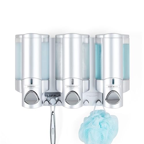 Better Living Aviva Shower Dispenser 3 Chamber, Wall Mount Shower Soap Dispenser for Bathroom Hotel Body Wash, Built-in Hooks, No Drill, Waterproof Shampoo Soap Dispenser, 3 x 11 oz, Satin Silver