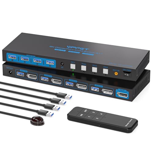8K@60Hz DisplayPort KVM Switch 4 Computers 1 Monitor USB3.0 4K120Hz 4 Ports DP KVM Switches 4 in 1 Out for 4 Computers Share 1 Monitor and Keyboard Mouse etc. with 4 USB Cable and Controller
