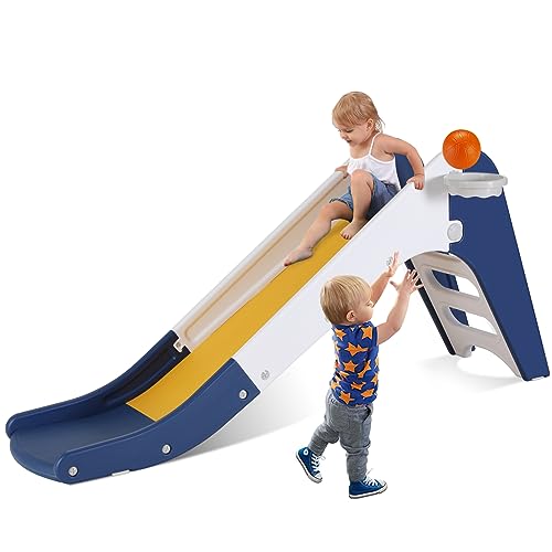 Arlopu Freestanding Kids Slide, Toddler Slide Climber with Basketball Hoop & Ball, Baby Playset w/Long Slope, for Boys and Girls Birthday, Sturdy Playground Toy for Indoor Outdoor Age 3+ (Dark Blue)
