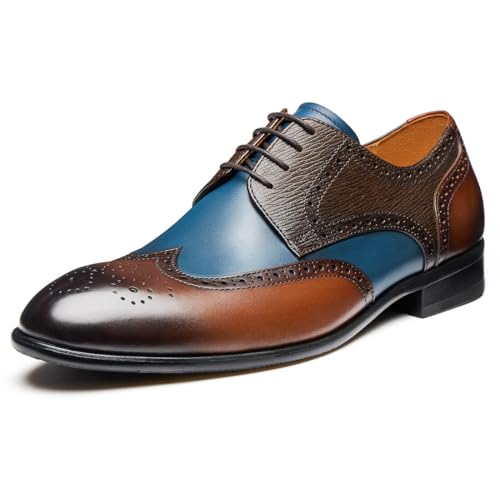 Jepsengord Men's Dress Shoes Wingtip Genuine Cowhide Leather Oxfords with Brogue Formal Derby Shoes for Wedding, Business, Casual, Brown Blue, 13
