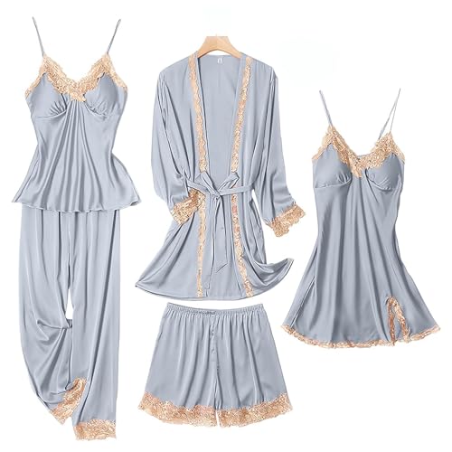 SAPJON Womens Pajama Sets 5PCS Silk Pajamas for women Cute Sleepwear Loungewear Satin Pajamas Sets for Women Soft Grey