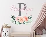 CuteDecals Flowers Custom Name & Initial Wall Decal - Personalized Peonies Art Decor Mural Girls Stickers For Nursery Bedroom Decoration (Mini Wide 15''x13'' Height)