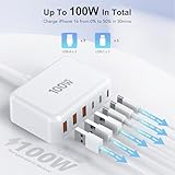 USB C Fast Charger, 100W GaN 6 Port Type USB C Charging Station Hub Block Cube, USB C Wall Charger Power Strip Adapter Plug for iPad iPhone 16 15 14 13 12 Pro Max Pixel Note Galaxy, 5ft Cord