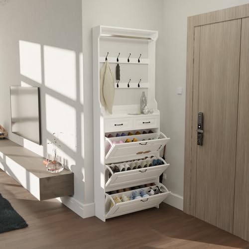 Ball & Cast Modern Shoe Storage Cabinet with 3 Flip Drawers & Coat Rack, Hall Tree with Hidden Shoe Cabinet & Hangers, Freestanding Shoes Organizer Cabinet for Entryway,Hallway,Living Room, White/Oak