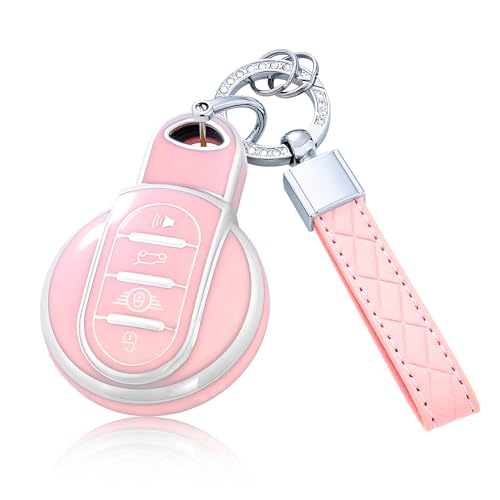 Flensent Key Fob Cover with Keychain for Mini Cooper F54 F55 F56 F57 F60 4-Buttons (Pink)