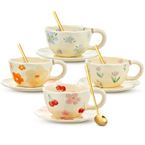 Vesici 4 Pcs Ceramic Coffee Mug with Saucer Spoon 8.5 oz Flower Cup with Handles Floral Aesthetic Vintage Porcelain Cute Mug Set for Tea Latte Milk Office Home, Dishwasher and Microwave Safe, 4 Styles