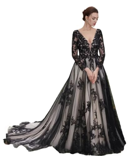 PFTFB Gothic Long Sleeve Bridal Gowns 2024 Tulle Black Plus Size Wedding Gowns with Train Lace Gothic Wedding Dresses for Bride 24