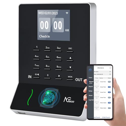 NGTeco APP-Based Time Clocks for Employees Small Business, W2 (Fingerprint+Password) Times Clock, 2.4GHz WiFi Clock in Clock Out Machine Support Shift Schedules, iOS & Android APP, No Monthly Fee