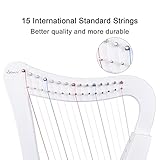 Lyre Harp,15 strings 22 inch Solid Birchwood Musical Instrument Height For Adult Kids Beginner with Tuning Wrench Black Gig Bag Strap (White)