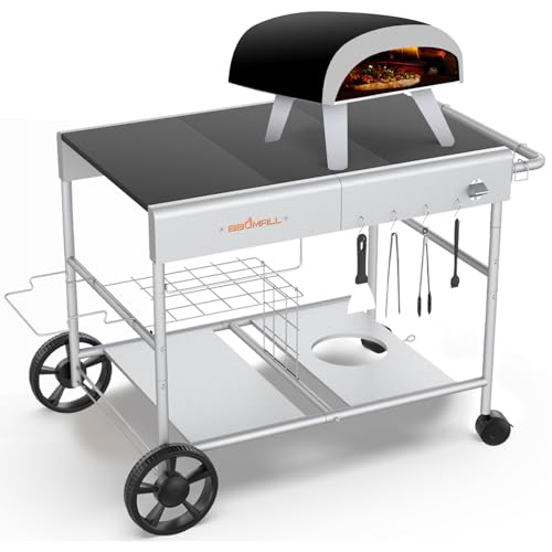BBQMall Upgraded Pizza Oven Cart Table for Ooni Koda/Karu/Fyra 16 & 12, Movable Thicken & Widen Rolling Kitchen Cart, Outdoor Grill Stand for Ninja Woodfire,Blackstone Griddle,Carts with Wheels