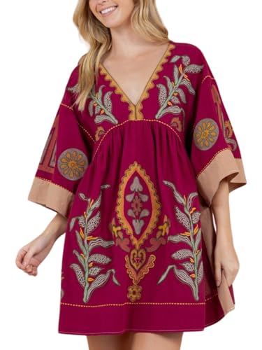 Joiemont Womens Oversized Embroidered Dress with V-Neck and 3/4 Sleeves Vintage Embroidery Babydoll Dress(0603-WineRed-S)