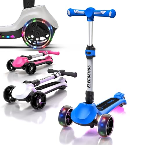 ELECOSMOS Kids Electric Scooter for Age 4-9, Light Up 3 Wheel KickScooter with Big LED Wheels, Flashing Deck, 3 Adjustable Heights, Flashing Wheels, Balance Training Scooter for Kids, Blue