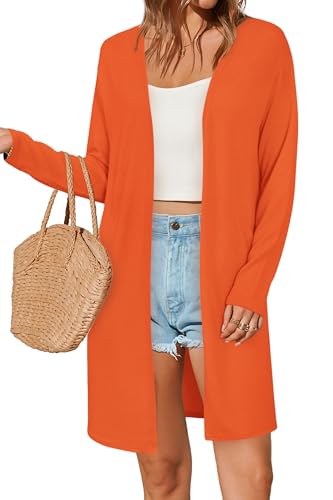 OUGES Women's 2025 Summer Fashion Open Front Cardigan Shirt with Pockets Long Sleeve Lightweight Coat Orange L