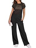 ANRABESS Women Two Piece Outfits Crochet Sheer Knit Sweater Top Wide Leg Pants Lounge Matching Sets Sweatsuit Travel Clothes Black Large