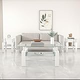 ODUSE-DAILY Glass Coffee Table Set of 3 Piece, Living Room Table Set of 3, White Coffee Table and End Coffee Table Sets, Metal Frame (White, Set of 3)