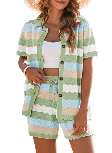 Pink Queen Knit Short Sets Women 2 Piece Outfits Short Sleeve Button Down Shirt and Shorts Set Striped Green Medium