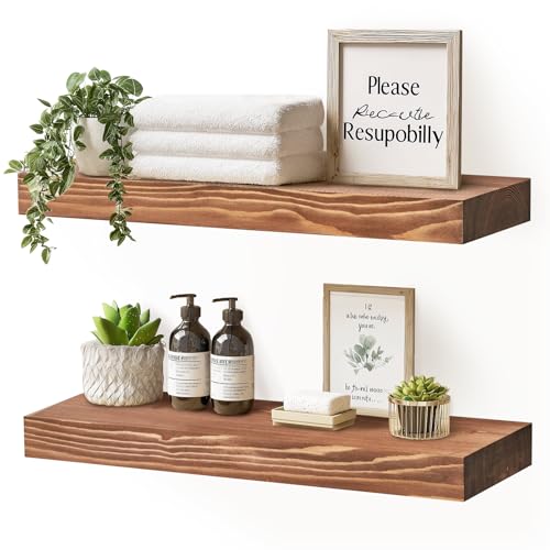 YLYHSST 17x8x1.6 inch Floating Shelves Set of 2 – Solid Wood Rustic Brown Wall Mounted Shelf for Kitchen, Bathroom, Living Room