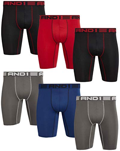 AND1 Mens Boxer Briefs - 6 Pack Stretch Long Leg Compression Underwear with Mesh Contour Pouch - Supportive Fit for Everyday Wear, Medium, Black/Blue/Charcoal/Red