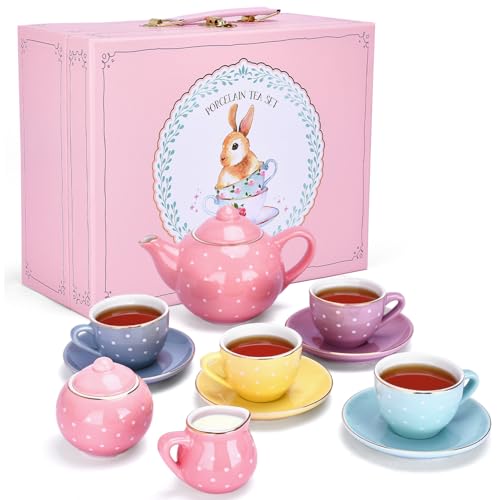 Jewelkeeper 13 Pieces Porcelain Tea Set for Little Girls with Pastel Picnic Basket - Mini Toddler Tea Sets for Girls 2 and Up - Real Cups, Teapot, and Saucers - Children Playset - Polka Dots Design