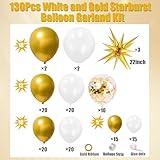 White and Gold Balloons Garland Arch Kit, 130Pcs White Metallic Gold Confetti Balloon with Star Foil Balloons for Birthday Wedding Engagements Graduation Baby Shower Anniversary Party Decorations