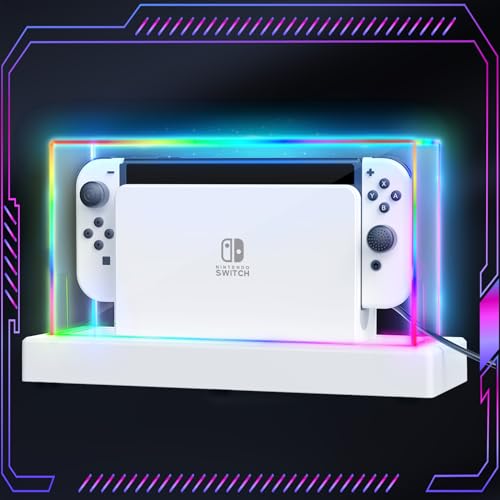 HSTOP Switch Dust Cover with 16 LED Colors Light Base Compatible with Nintendo Switch/OLED, Acrylic Display Case Anti-Scratch Waterproof Dock Cover, Accessories for Nintendo Switch/OLED