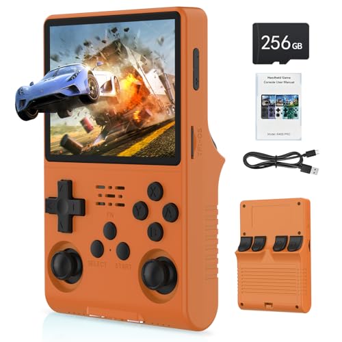 FVBADE[30000 in 1 R40S PRO Handheld Game Console 3.5 inch IPS Screen Mini Retro Console 3800mAh Portable Pocket Arcade 45+ Mainstream Emulator 256G TF Card Transparent.(Orange)