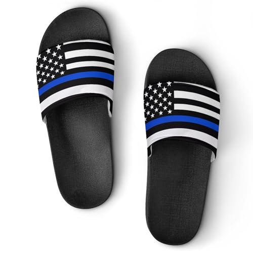 Thin Blue Line U.S. Flag Men's Slide Sandal Non Slip Shower Shoes Bathroom Slippers for Pool Beach 39 (245mm)