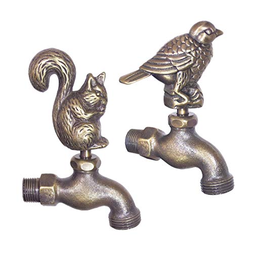 Decorative Solid Brass Outdoor Garden Faucet 4" Inches L, Set of 2, Squirrel Faucet, Bird Faucet, Garden Tap, Animal Yard Water Tap, Bibcock, Sparrow Faucet, Spigot, Gift