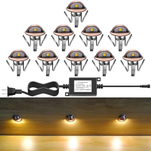QACA LED Deck Stair Lighting Kit, Low Voltage Patio Deck Lamp IP65 Φ1.38 Indoor Outdoor Wood Recessed Yard Garden Patio Step Landscape Pathway Decor Lights, Bronze (Warm White, Pack of 10)