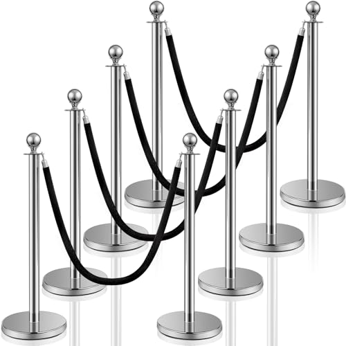 Ferraycle 8 Pcs Crowd Control Stanchions and Velvet Ropes 5 ft Poles Silver Crowd Control Barriers Black Ropes Stainless Steel Stanchions Post for Party Supplies