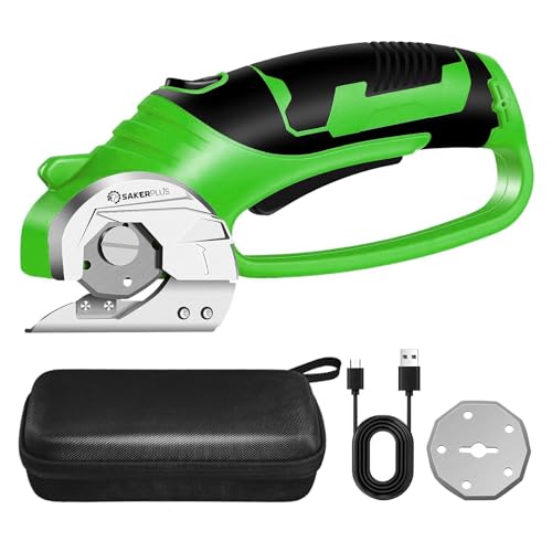 SakerPlus Cordless Electric Scissors,4V Rechargeable Cardboard Box Cutter Heavy Duty Fabric Scissor with Safety Lock & LED Light,Power Rotary Cutter for Leather Carpet Plastic Cutting,Sewing,Crafting