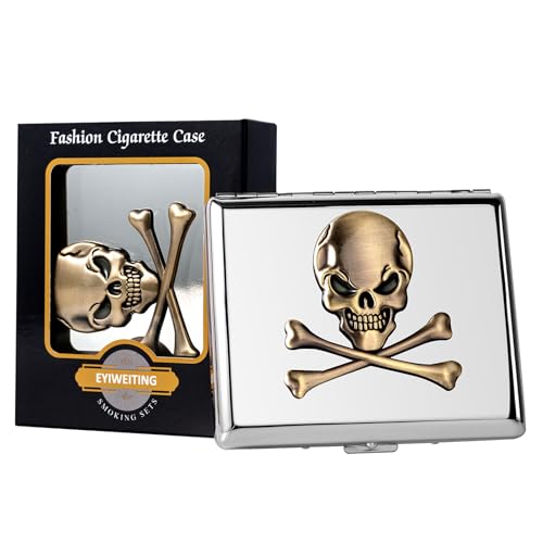 Classic Vintage Raised Skull Metal Women's Men's Portable Cigarette Case, Holds 18-20 100mm Cigarettes,RFID Credit Card Wallet. (Skull Silver, 20pcs 100's)