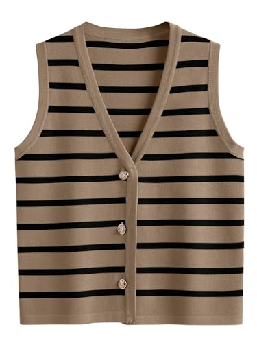 LILLUSORY Vest Tops for Women 2025 Fall Outfits Striped Sweaters Button Up Casual Shirts Blouses Jacket Fashion Clothes KhakiBlack L