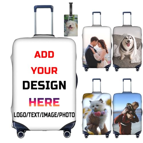 AHOBAGGA Custom Elastic Luggage Cover Fits 18-32 Inch Luggage,Personalized Washable Travel Suitcase Protector,Add Your Own Name Photo Text Design